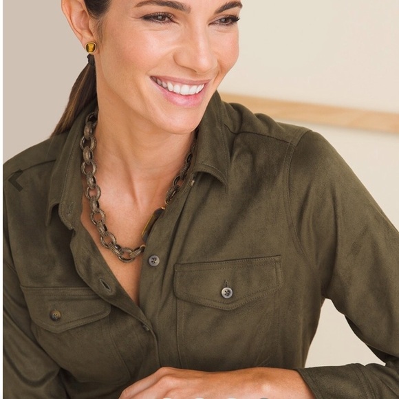 Chicos  Buttons Down Blouse Olive Green Long Sleeves Size L chest Pockets - Picture 11 of 11